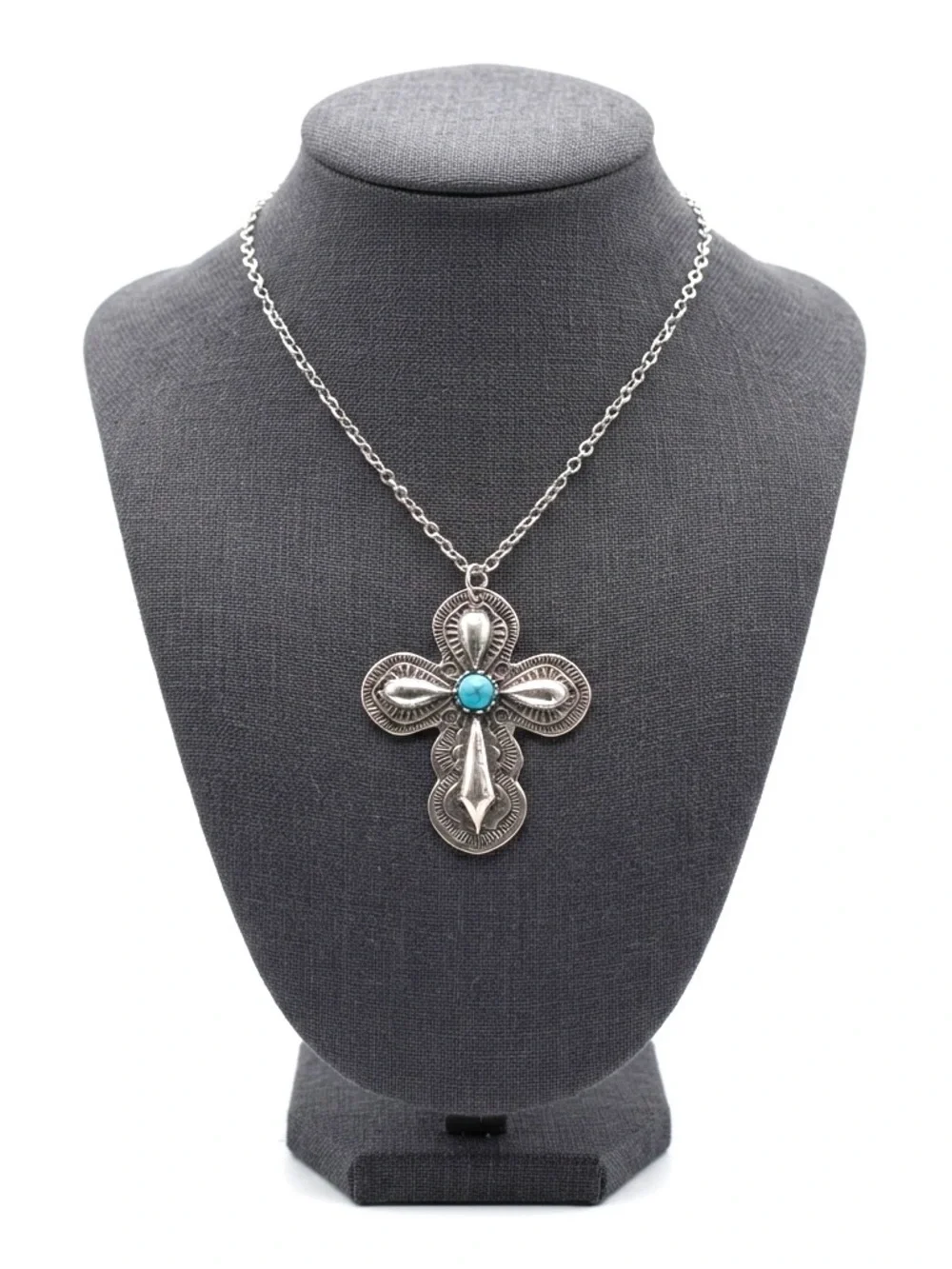 New Sterling Silver Handmade Natural Turquoise Religious Catholic Cross Necklace
